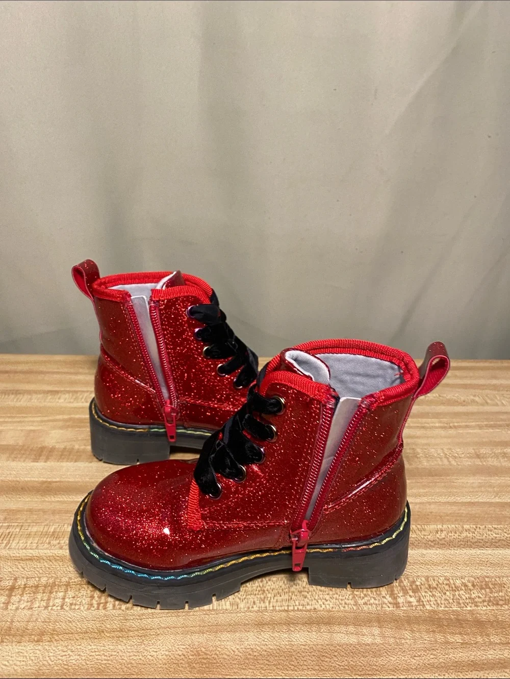 Dream Pairs Red Glitter Lace-Up Side Zip Kids Combat Boots Velvet Laces Size 9